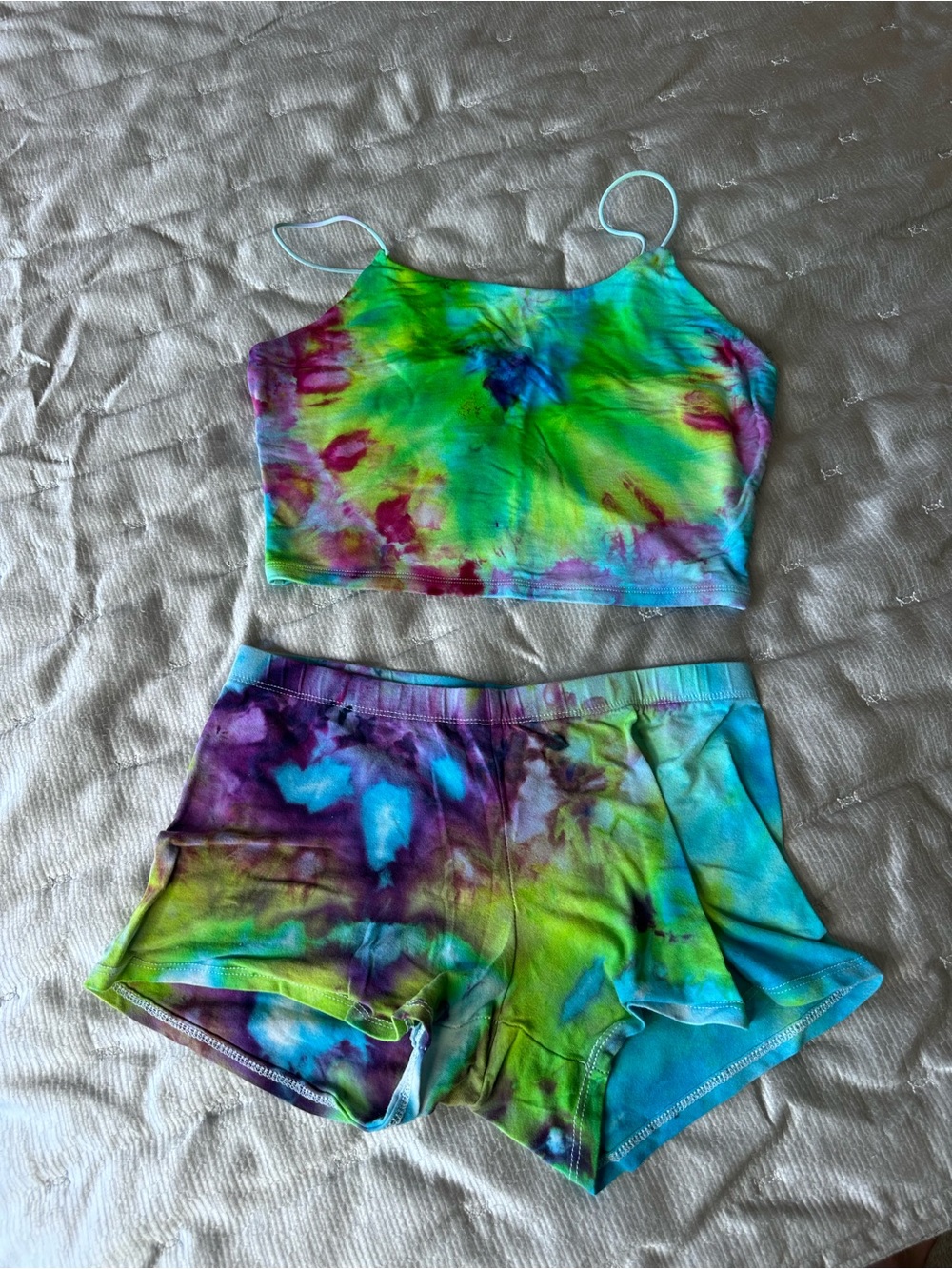 Bozzolo Tie-Dye Crop Cami & Shorts Set - Green, Blue, Purple